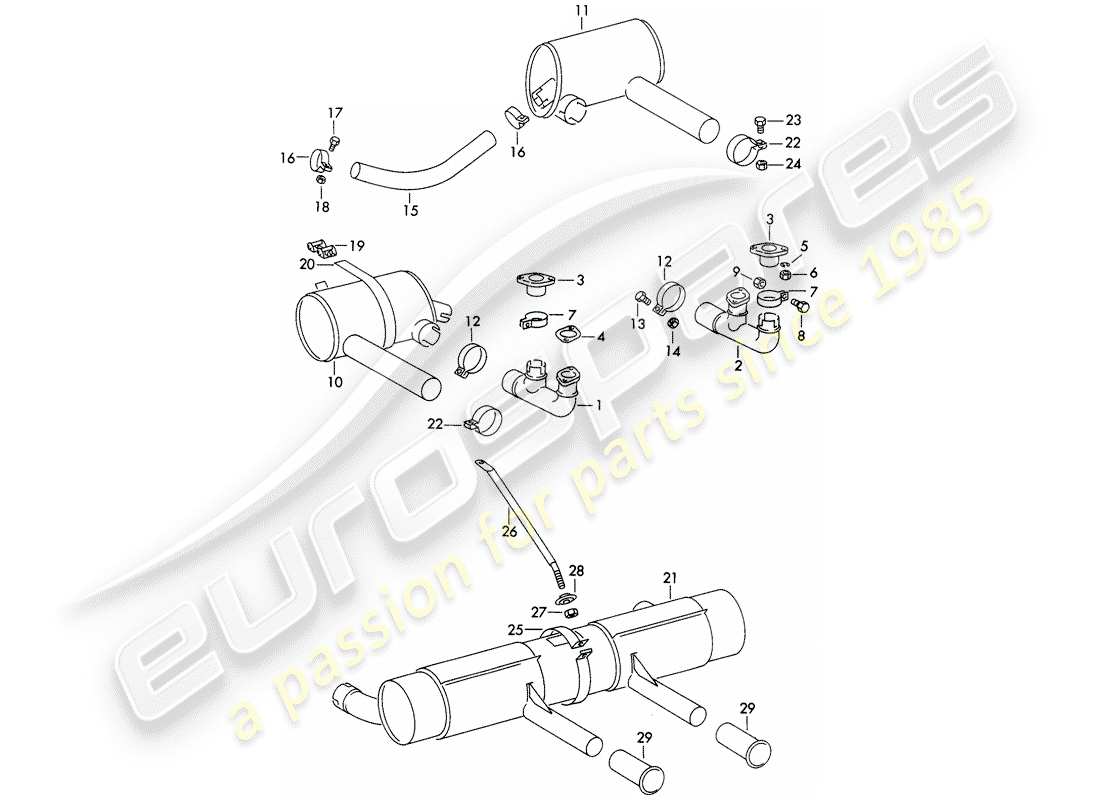 porsche 1954 (356/356a) sistema de escape diagrama de piezas