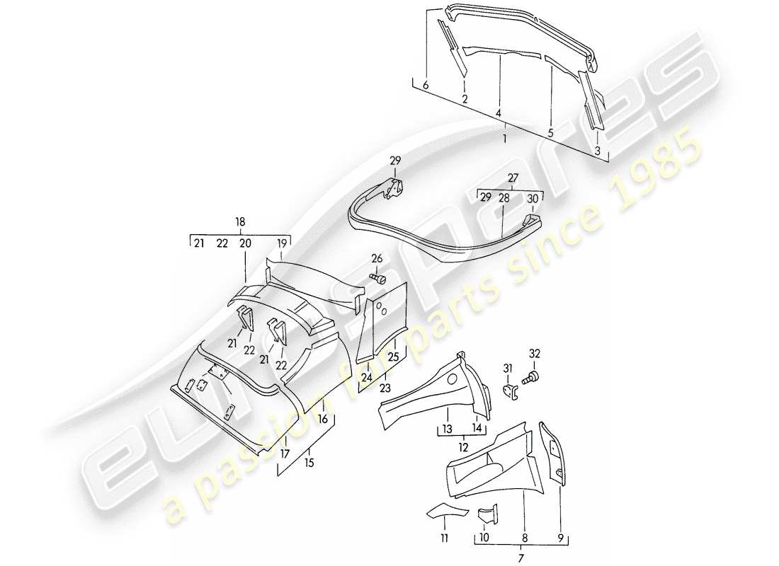 porsche 1958 (356/356a) carrocería - paneles interiores diagrama de piezas