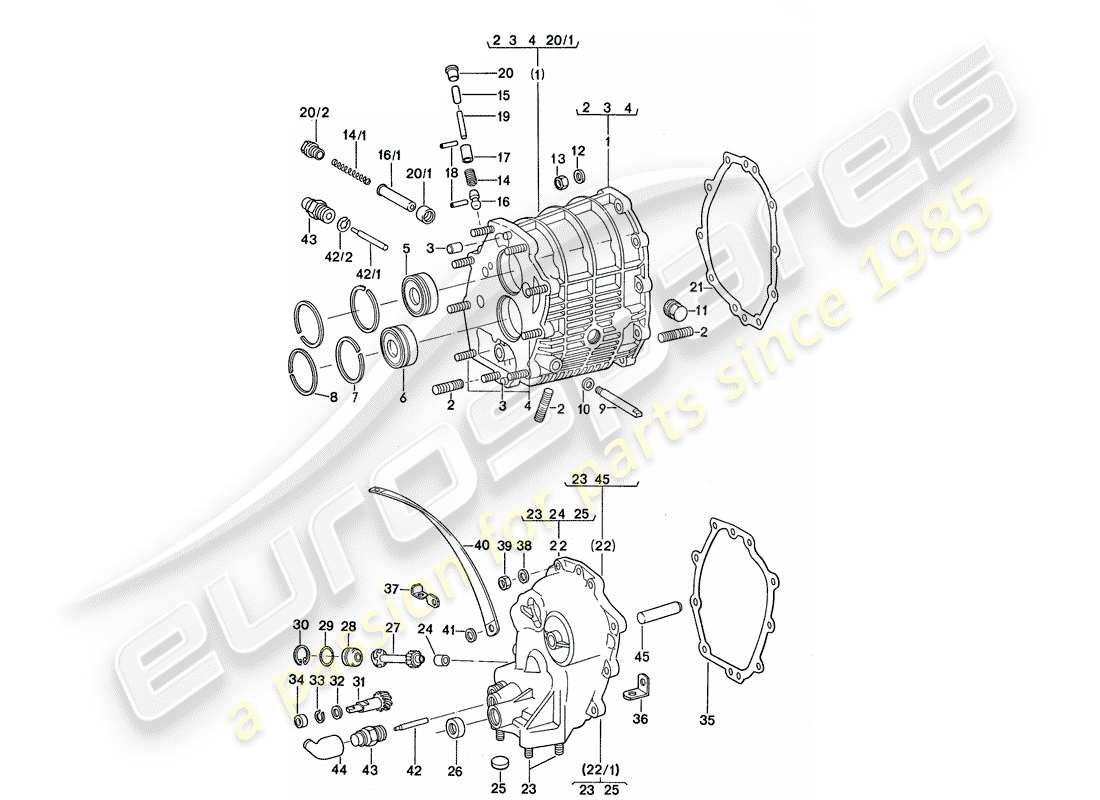 porsche 1977 (911) carcasa de engranajes - tapa de la transmisión diagrama de piezas