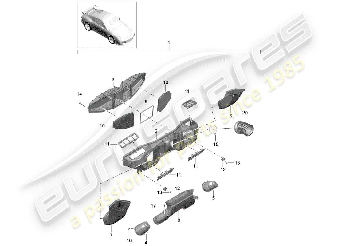 porsche 2015 (991-1 r/gt3/rs) diagrama de piezas del limpiador de aire