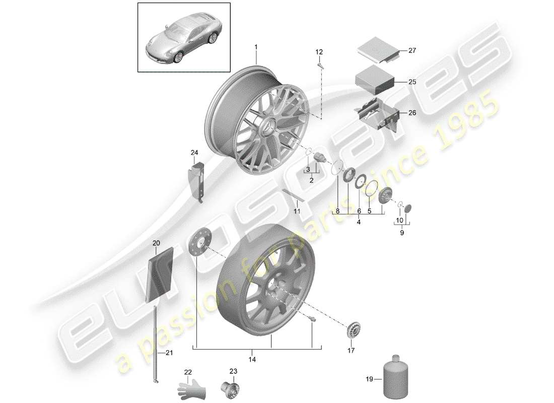 porsche 2019 (991-2) diagrama de piezas de la rueda de aleación