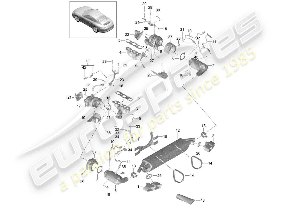 porsche 991 turbo (2017) diagrama de piezas del sistema de escape