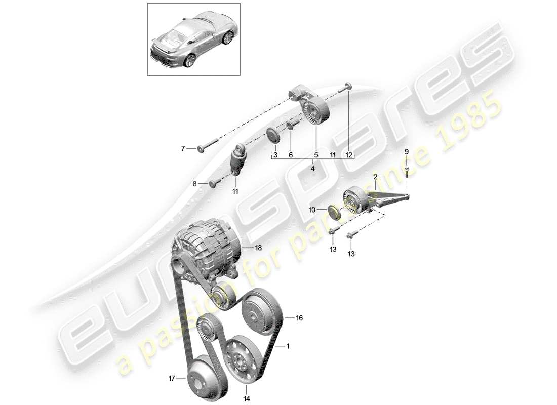 porsche 2020 (991-2 r/gt3/rs) cinturón acanalado en v diagrama de piezas