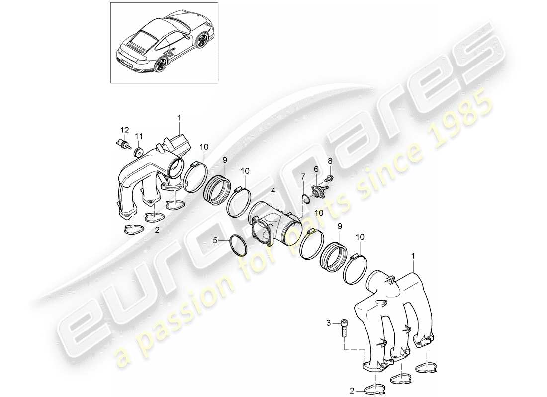 porsche 2012 (997-2 turbo / gt2 rs) diagrama de piezas del distribuidor de aire de admisión