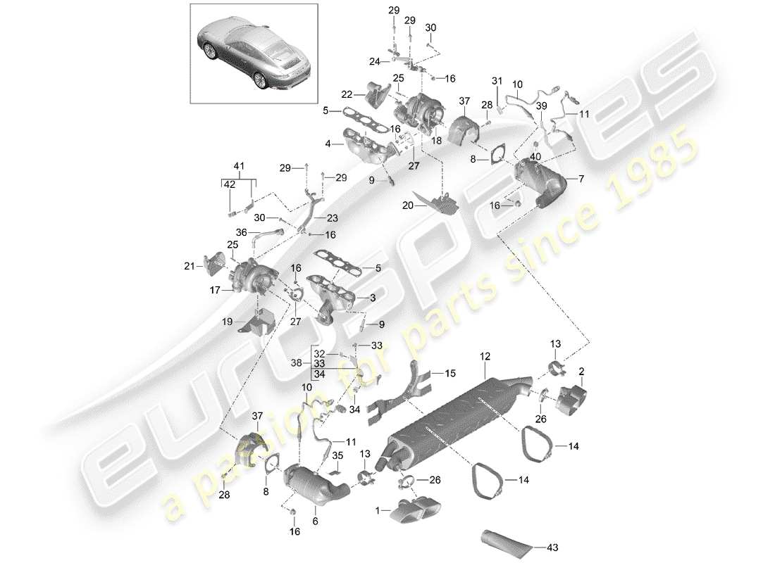 porsche 2019 (991-2 turbo) sistema de escape diagrama de piezas