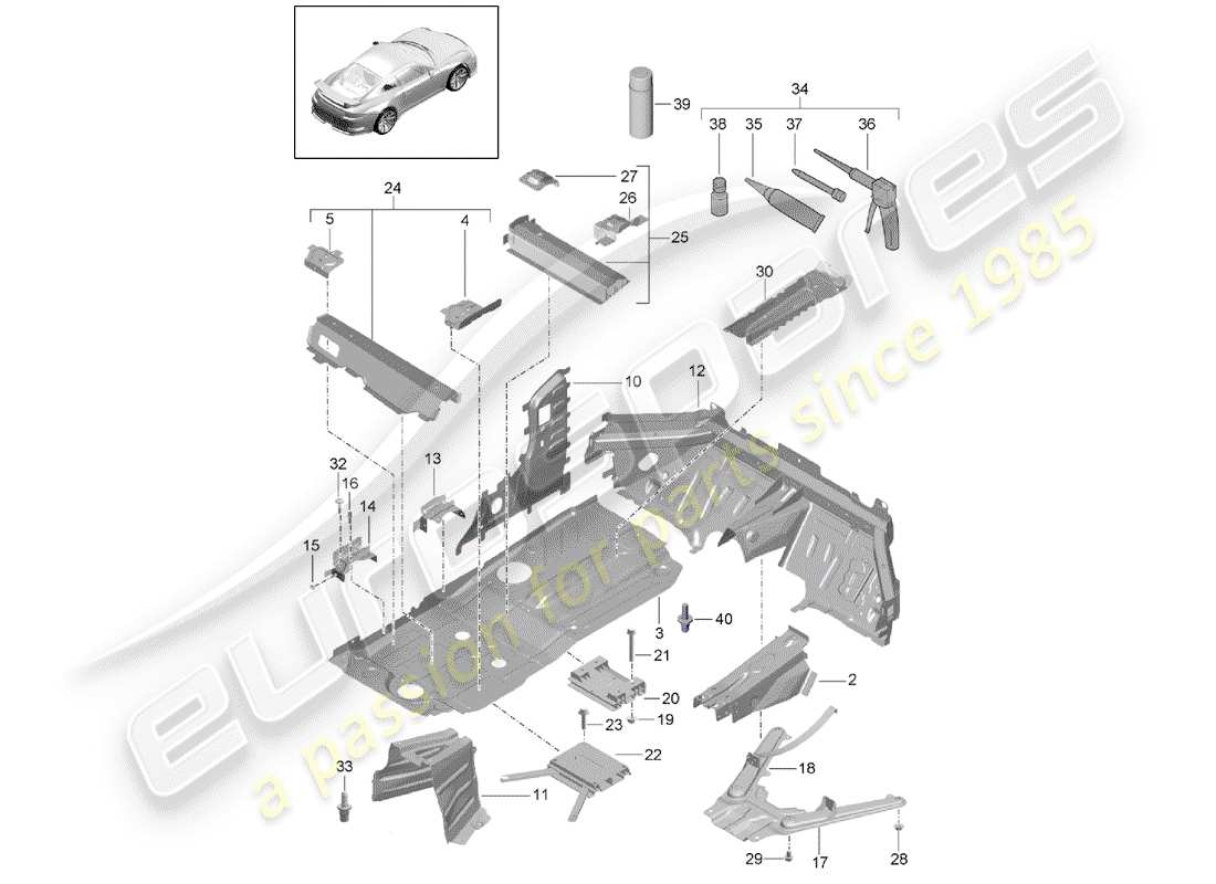 porsche 2014 (991-1 r/gt3/rs) bandeja del piso diagrama de piezas