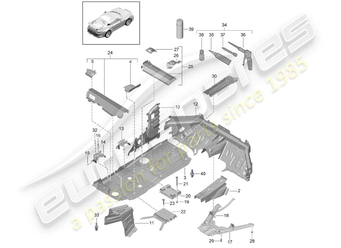 porsche 991r/gt3/rs (2014) bandeja del piso diagrama de piezas