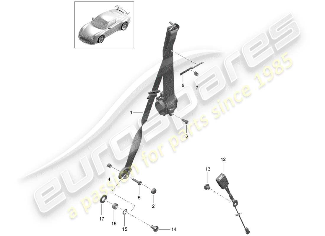porsche 2014 (991-1 r/gt3/rs) cinturón de seguridad de tres puntos diagrama de piezas