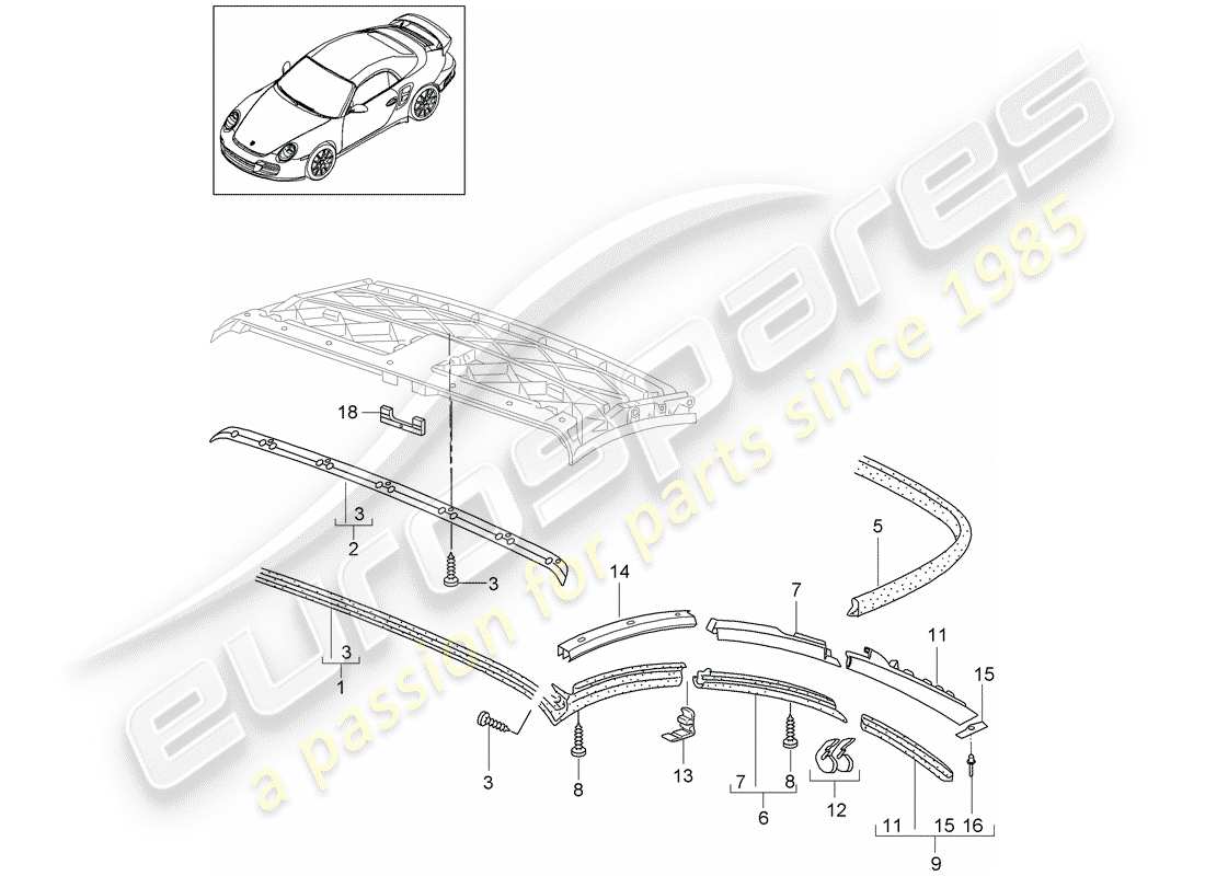 porsche 911 t/gt2rs (2012) diagrama de piezas de capota convertible