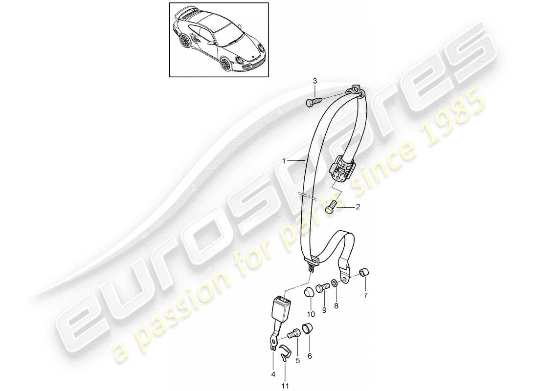 porsche 2012 (997-2 turbo / gt2 rs) cinturón de seguridad diagrama de piezas