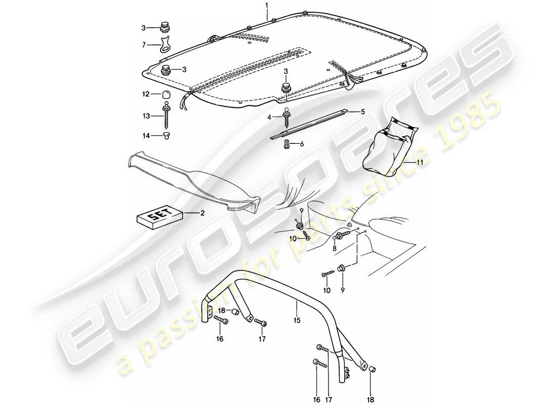 porsche 1986 (911) cubierta tonneau con - accesorios - clip de cubierta diagrama de piezas