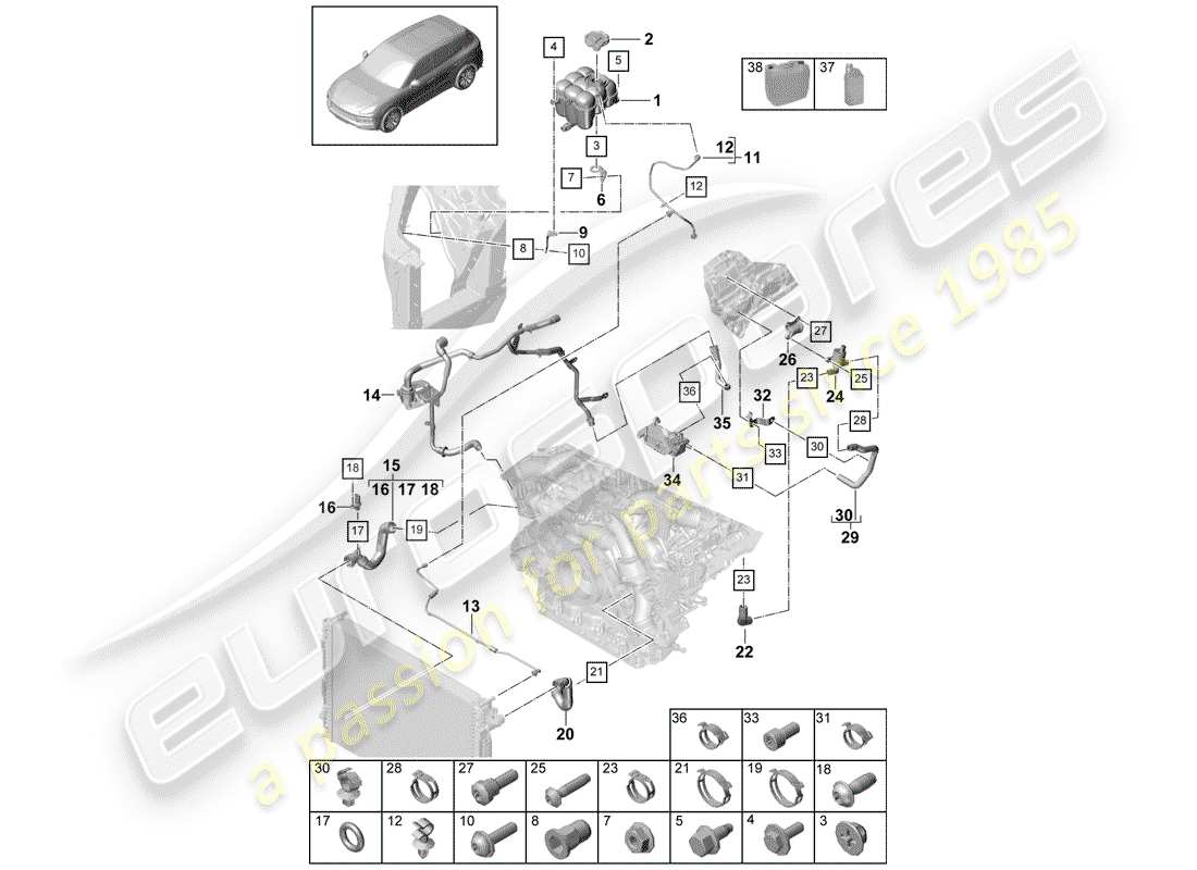 porsche 2020 (cayenne e3 9ya/9yb) diagrama de piezas de refrigeración por agua