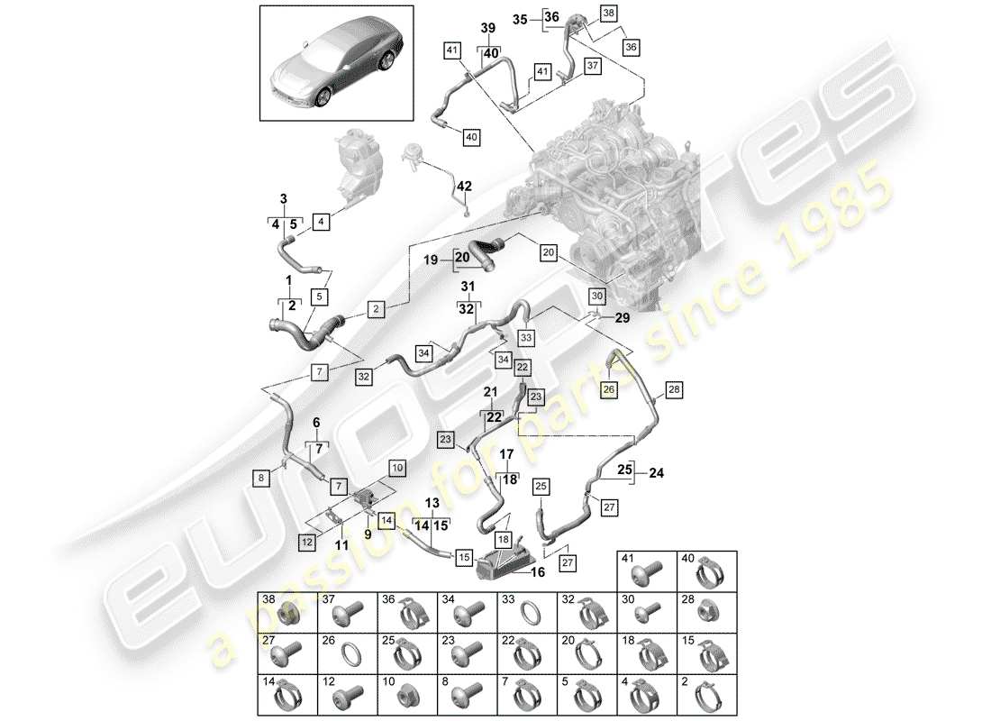 porsche 2020 (panamera 971-1) diagrama de piezas de refrigeración por agua
