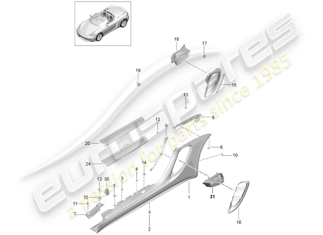 porsche 2020 (718 boxster) diagrama de piezas del guarnecido de los miembros laterales