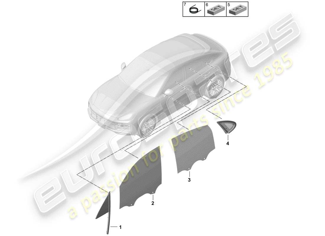 porsche 2020 (cayenne e3 9ya/9yb) diagrama de piezas de la ventana lateral