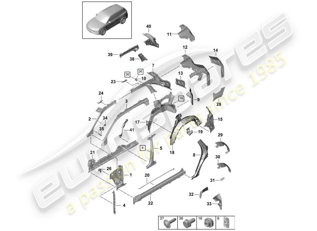 porsche 2020 (cayenne e3 9ya/9yb) diagrama de piezas del panel lateral