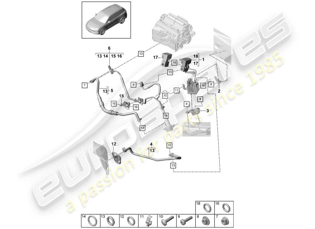 porsche 2020 (cayenne e3 9ya/9yb) diagrama de piezas del circuito refrigerante
