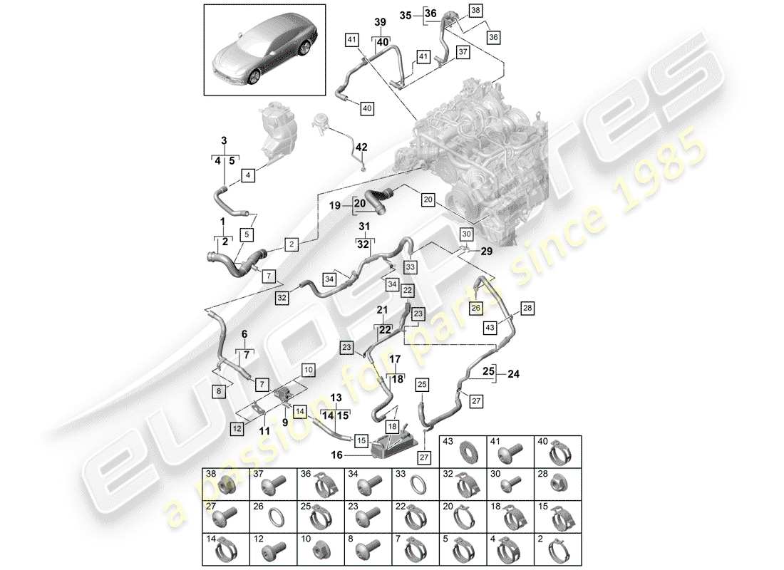 porsche 2017 (panamera 971-1) diagrama de piezas de refrigeración por agua