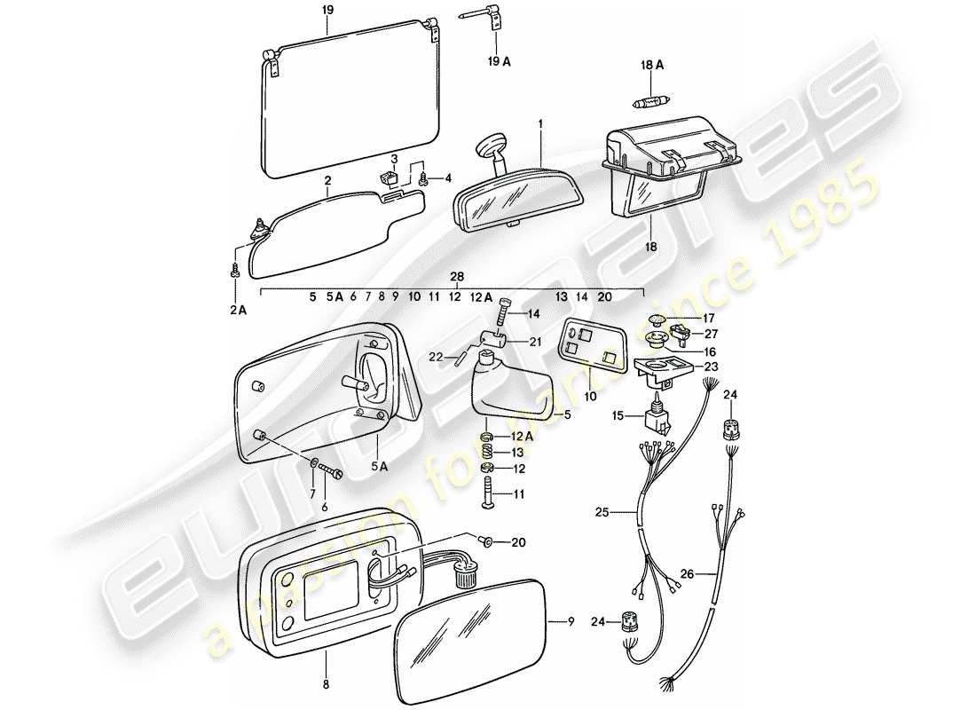 porsche 1979 (928) visera solar - espejo retrovisor - espejo retrovisor interior - espejo de tocador diagrama de piezas