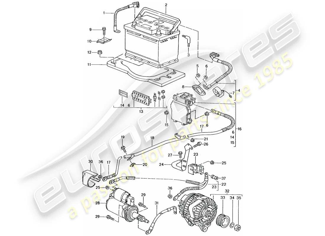 porsche 2001 (996 gt3) bateria - caja de conexiones - arranque - alternador - interruptor de bateria principal diagrama de piezas