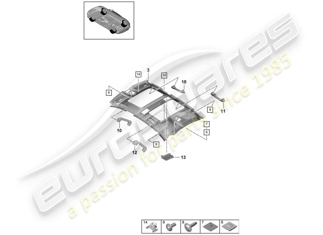 porsche 2017 (panamera 971-1) diagrama de piezas del panel de acabado del techo