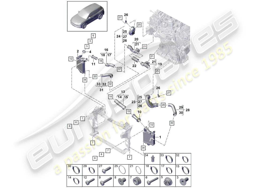 porsche 2018 (cayenne e3 9ya/9yb) diagrama de piezas del enfriador de aire de carga