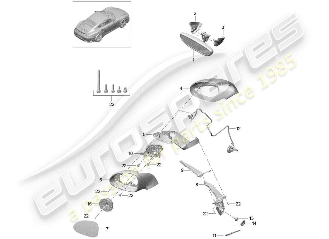porsche 991 turbo (2019) diagrama de pieza interior del espejo retrovisor