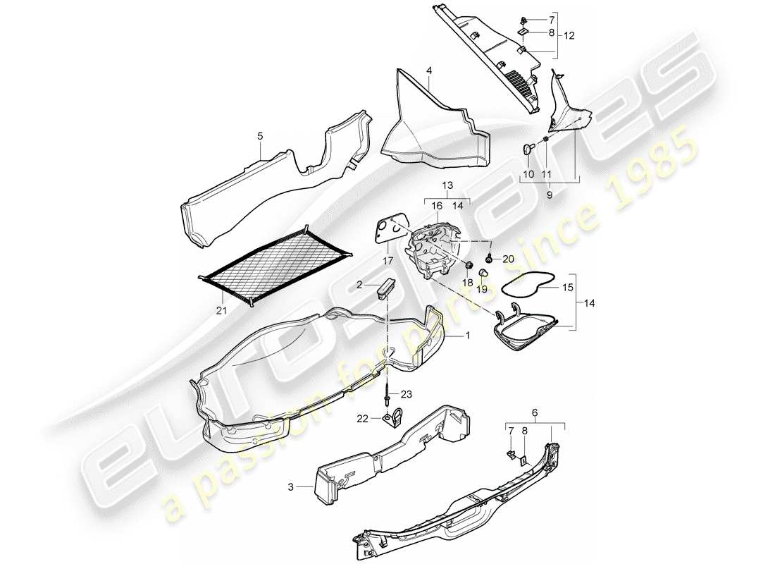 porsche 2008 (987 cayman) compartimiento de equipaje diagrama de piezas
