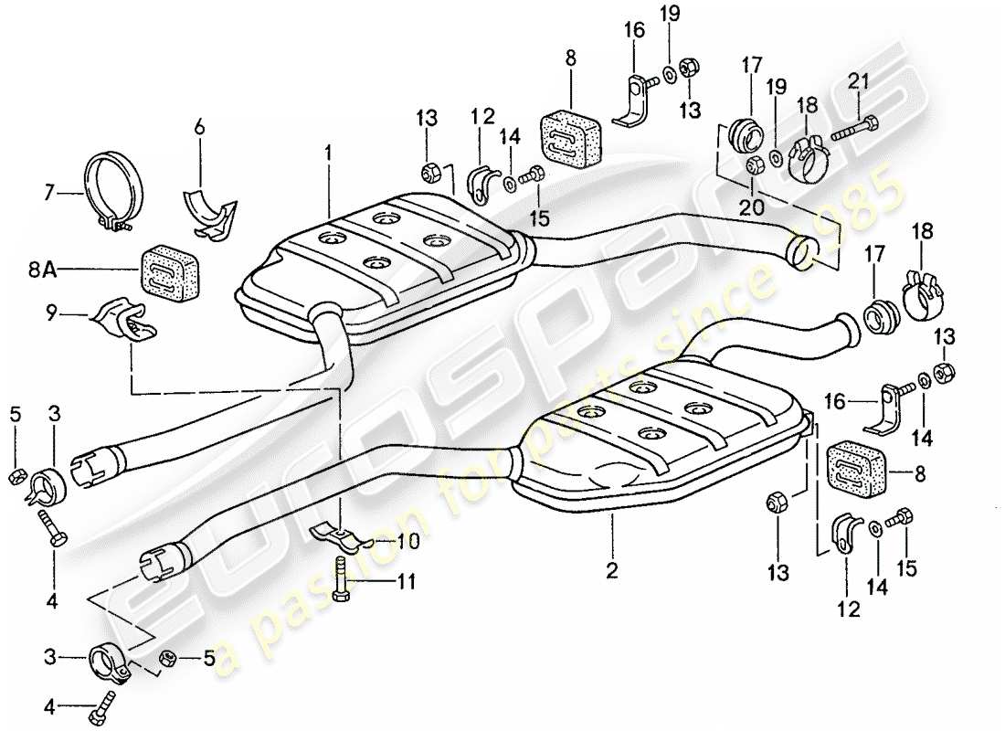 porsche 1987 (928) sistema de escape - silenciador intermedio diagrama de piezas