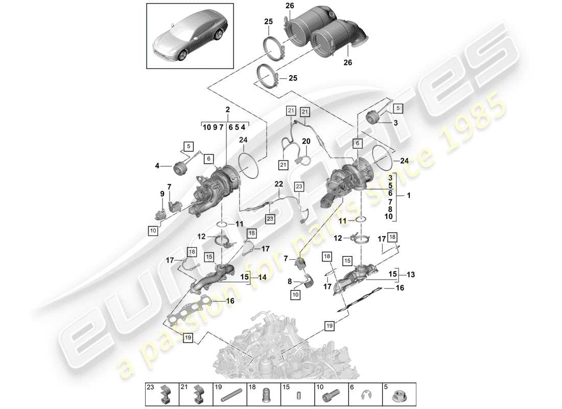 porsche 2018 (panamera 971-1) turbocompresor de gases de escape diagrama de piezas