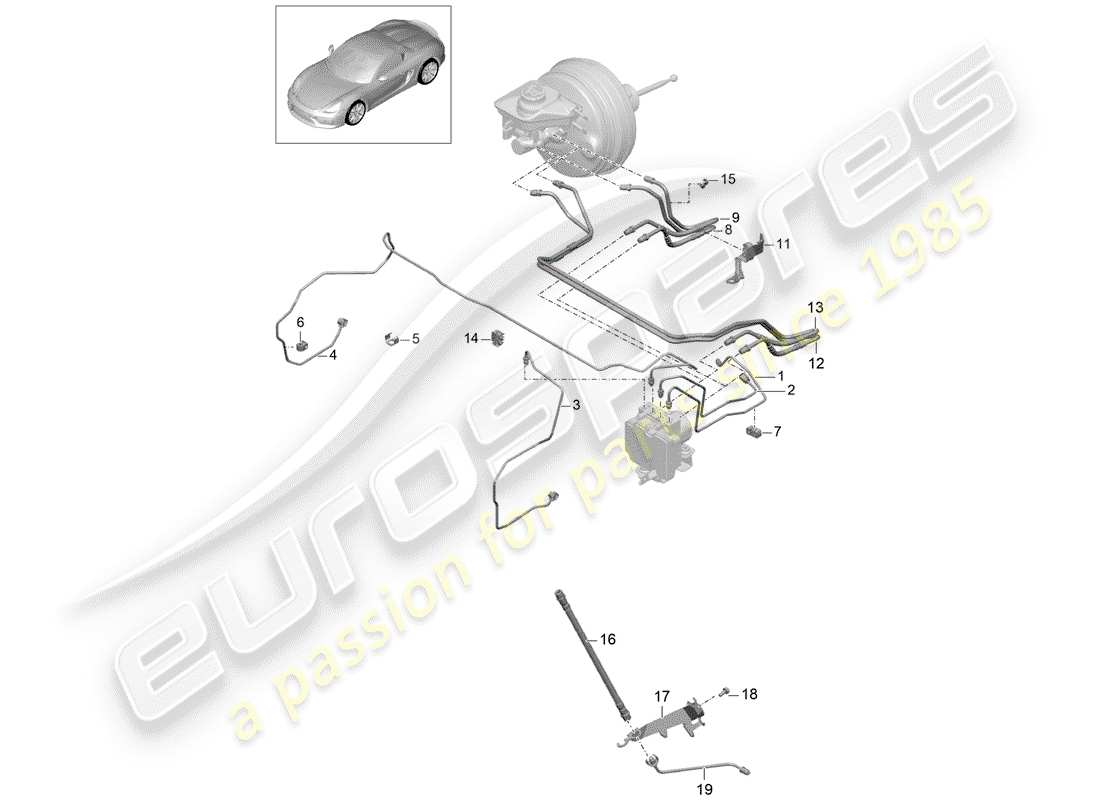 porsche 2016 (981 boxster spyder) diagrama de piezas de líneas de freno