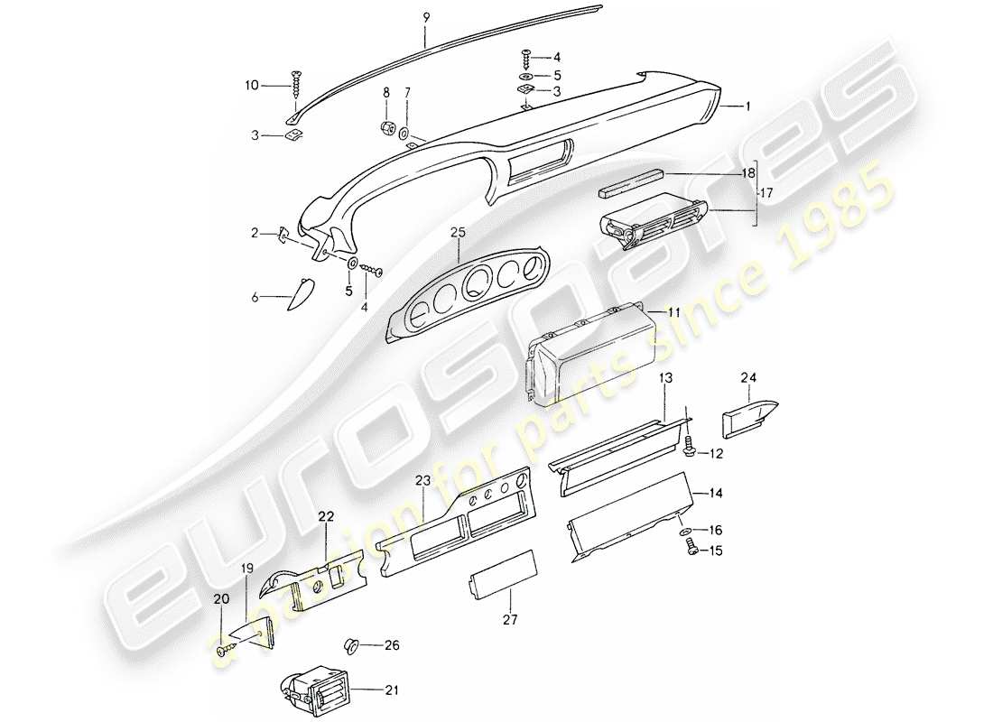 porsche 1994 (993) tablero - para vehiculos con - airbag - (lado del pasajero) esquema de piezas