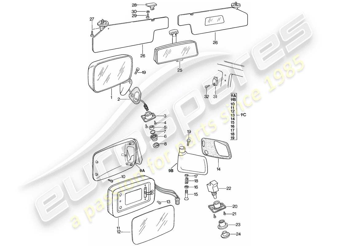 porsche 1982 (944) espejo retrovisor interior - espejo retrovisor - visor solar diagrama de piezas