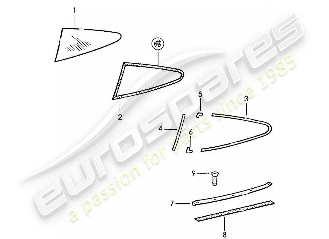 porsche 1987 (959) acristalamiento de ventanas diagrama de piezas