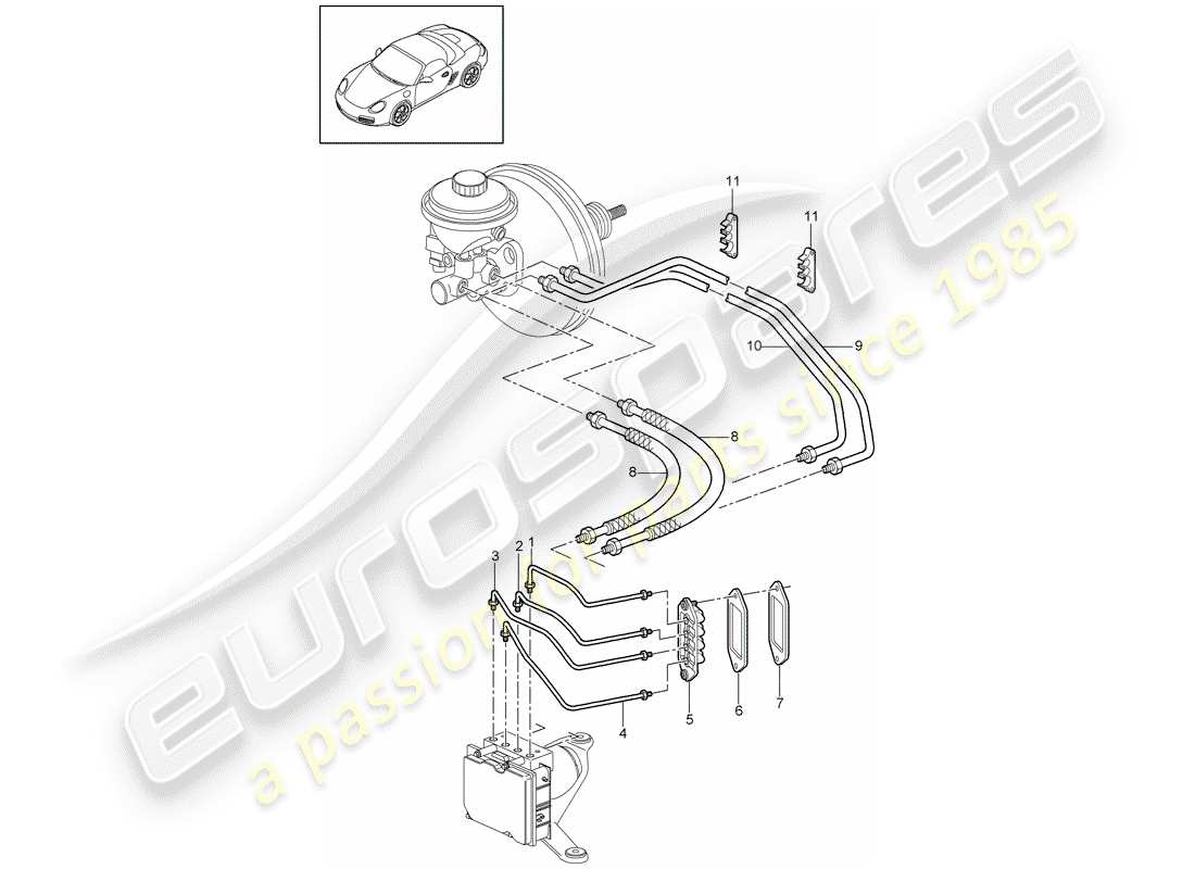 porsche 2011 (987 boxster) diagrama de piezas de líneas de freno