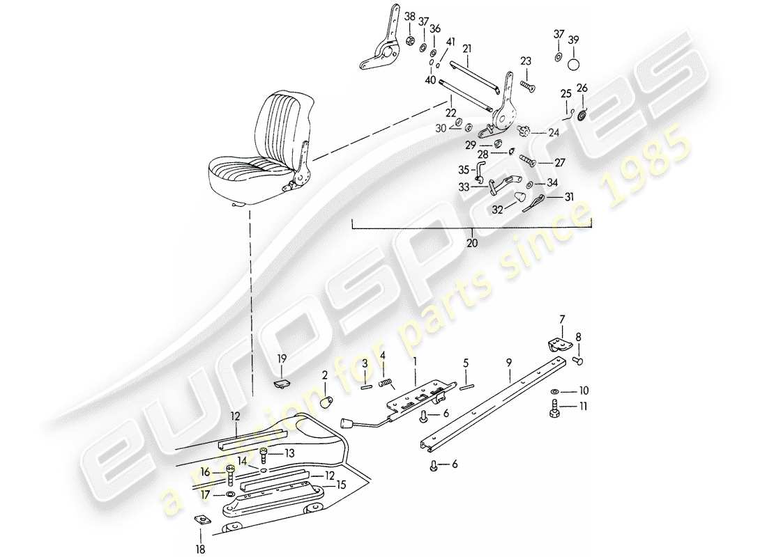 porsche 356b/356c (1965) riel del asiento y mecanismo del asiento reclinable diagrama de piezas