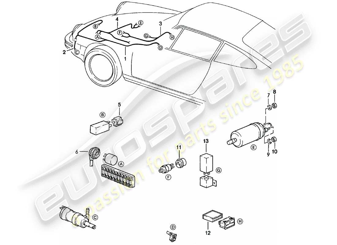 porsche 1982 (911) arneses de cableado - sistema arandela - luz de advertencia - bomba de combustible diagrama de piezas
