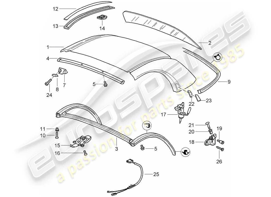 porsche 2000 (986 boxster) techo rígido - accesorios - juntas diagrama de piezas