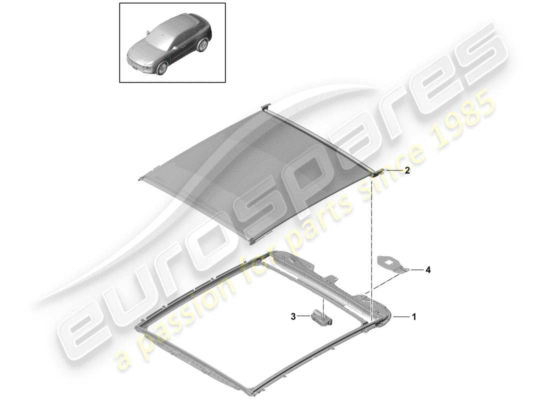 porsche 2020 (cayenne e3 9ya/9yb) diagrama de piezas del techo de cristal