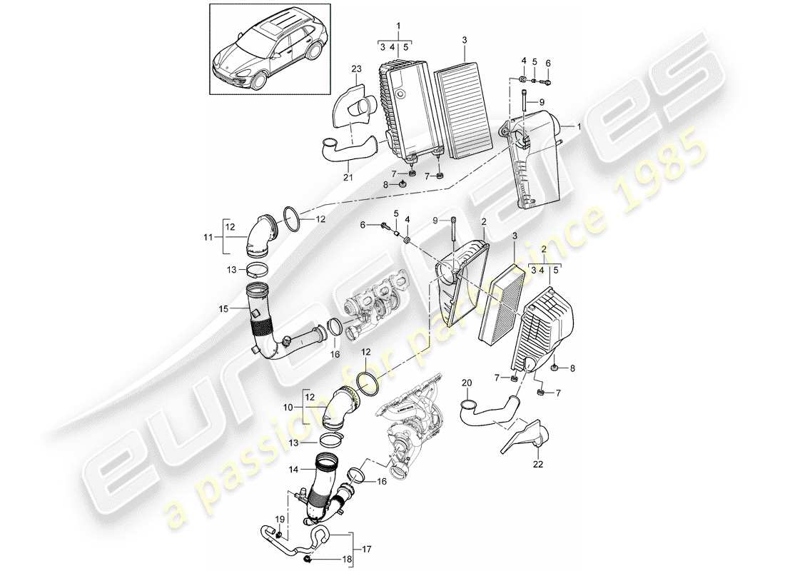 porsche 2012 (cayenne e2 92a) filtro de aire con conexión diagrama de piezas