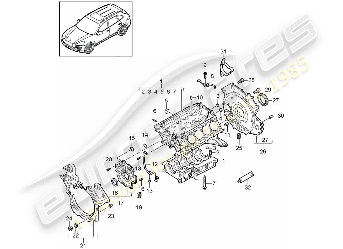 porsche 2012 (cayenne e2 92a) crankcase diagrama de piezas