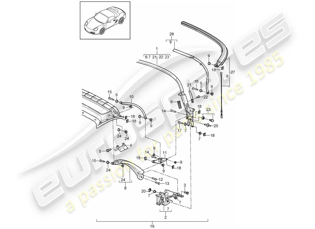 porsche 2005 (987 boxster) marco superior diagrama de piezas
