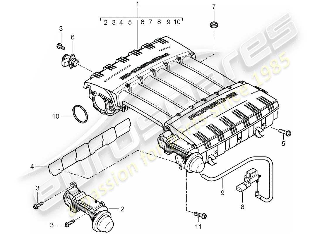 porsche 2007 (cayenne e1 9pa) colector de admisión diagrama de piezas