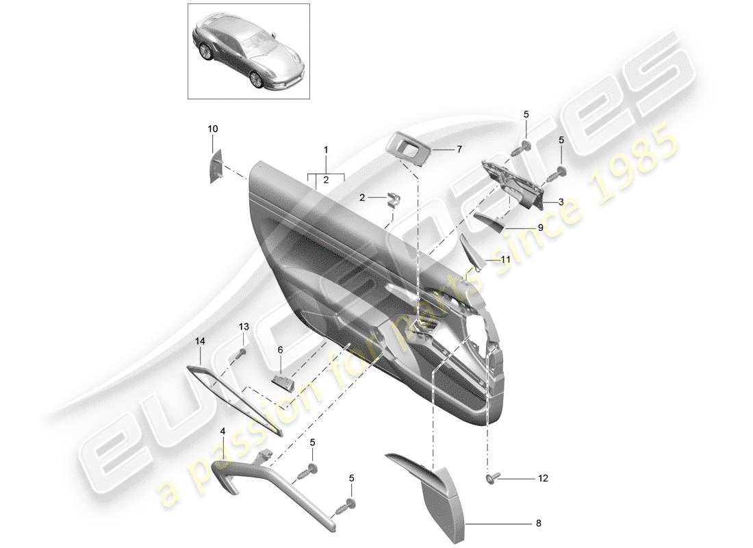 porsche 991 turbo (2016) diagrama de piezas del panel de puerta