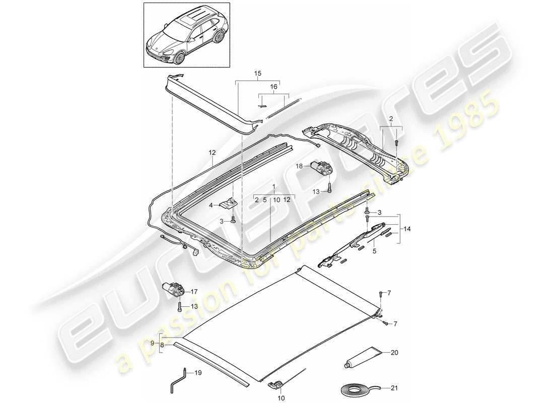 porsche 2018 (cayenne e2 92a) techo de cristal diagrama de piezas
