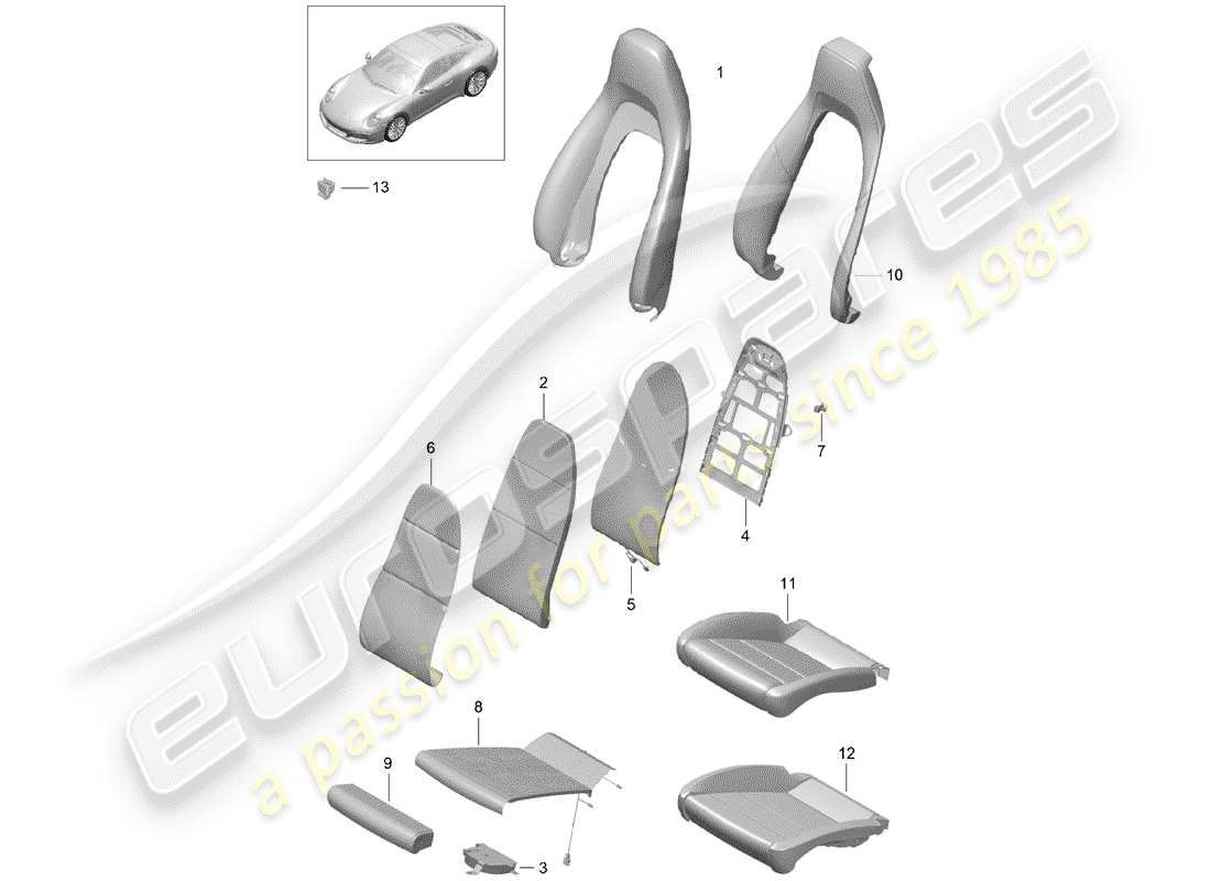 porsche 991 gen. 2 (2017) cubiertas de asientos diagrama de piezas