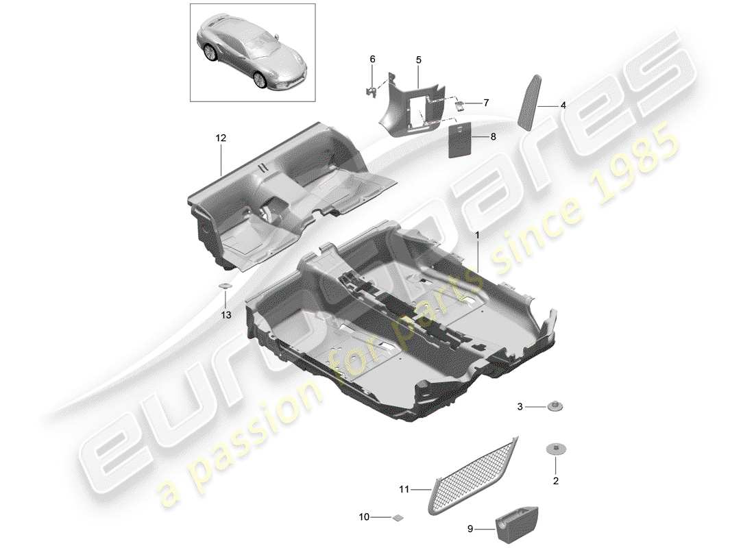 porsche 2016 (991-1 turbo) diagrama de piezas de la cubierta del piso