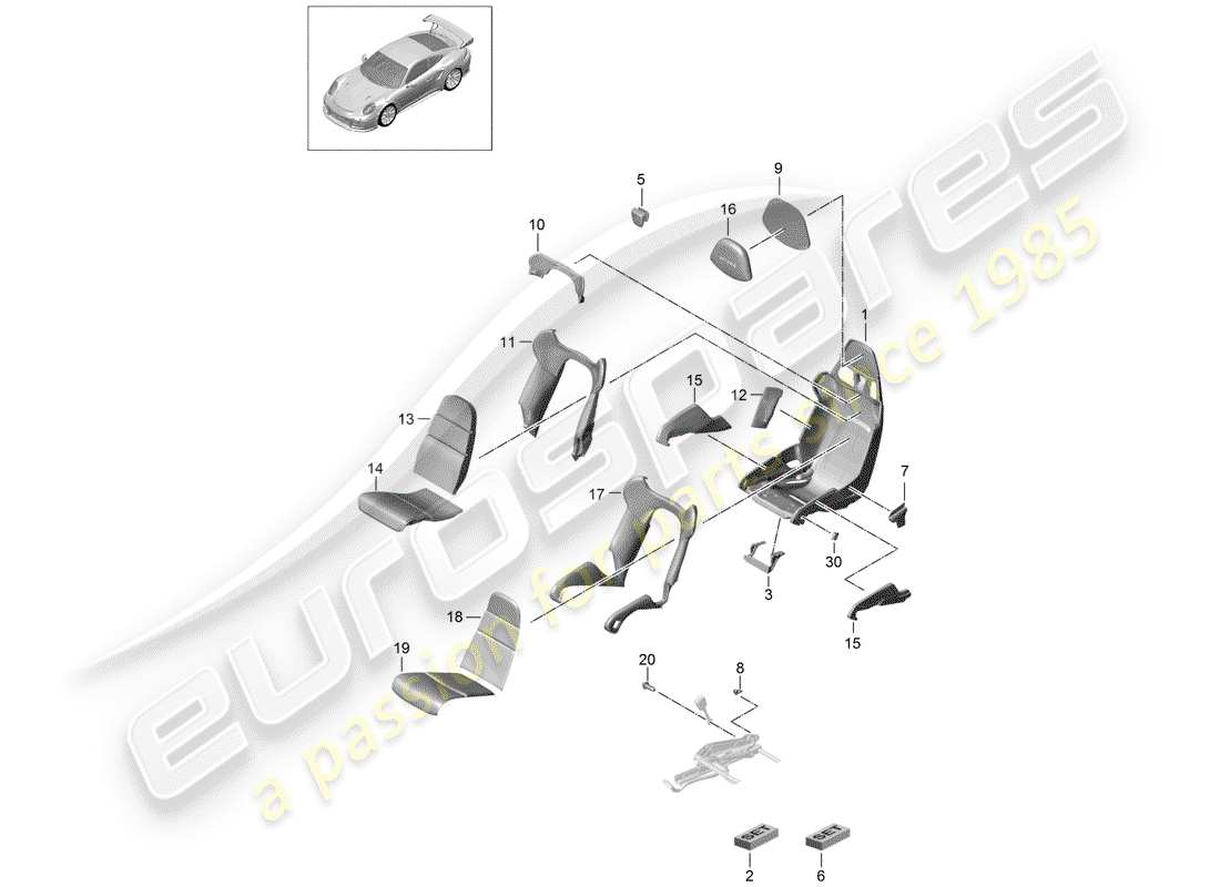 porsche 2016 (991-1 turbo) asiento diagrama de piezas