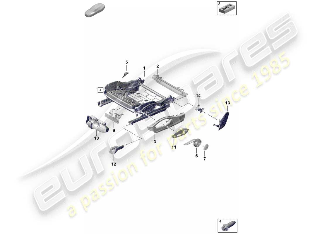 porsche 2020 (718 boxster spyder) diagrama de piezas del marco del asiento