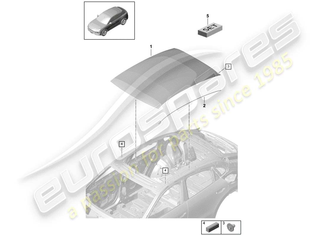 porsche 2018 (cayenne e3 9ya/9yb) diagrama de piezas del techo de cristal